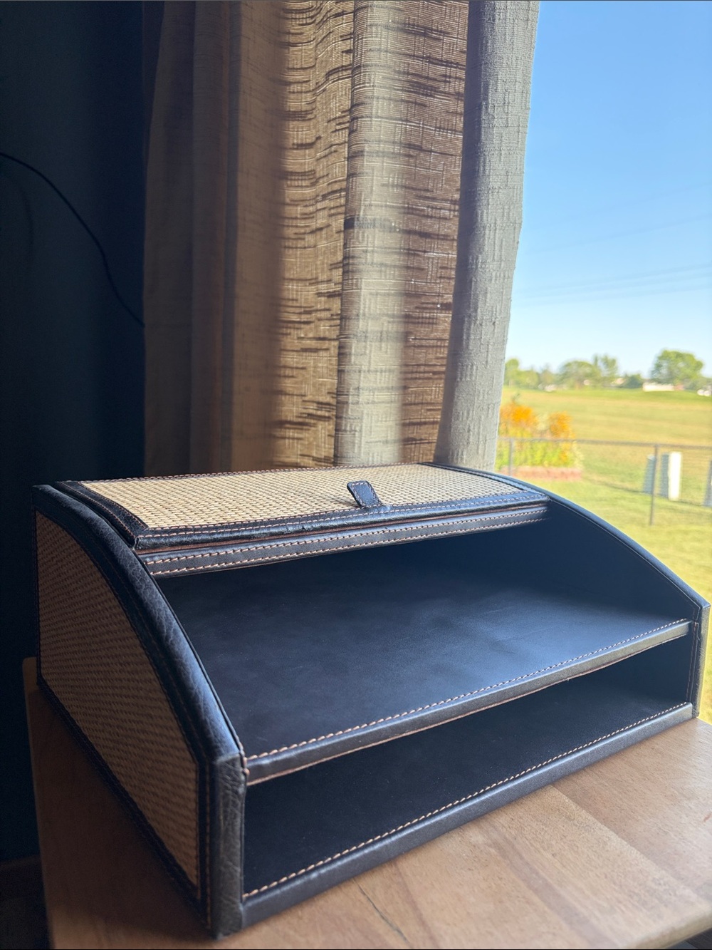Vintage S.K. Leather Rattan 3 Tiered Desk Organizer